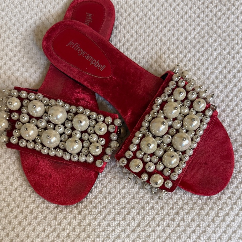 Jeffrey Campbell Red Velvet Pearl-Embellished Slide Mules